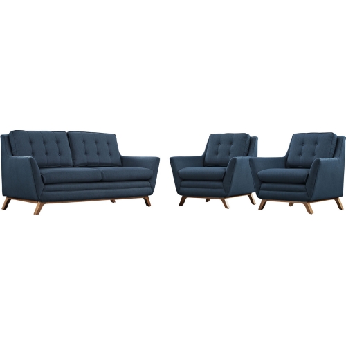 Beguile Loveseat & 2 Arm Chair Set in Azure Fabric on Walnut Legs