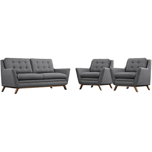 Beguile Loveseat & 2 Arm Chair Set in Gray Fabric on Walnut Legs