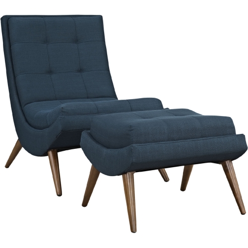 Ramp Fabric Lounge Chair & Ottoman in Azure Fabric on Cherry Beech Wood Legs