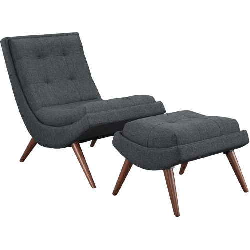 Ramp Fabric Lounge Chair & Ottoman in Gray Fabric on Cherry Beech Wood Legs