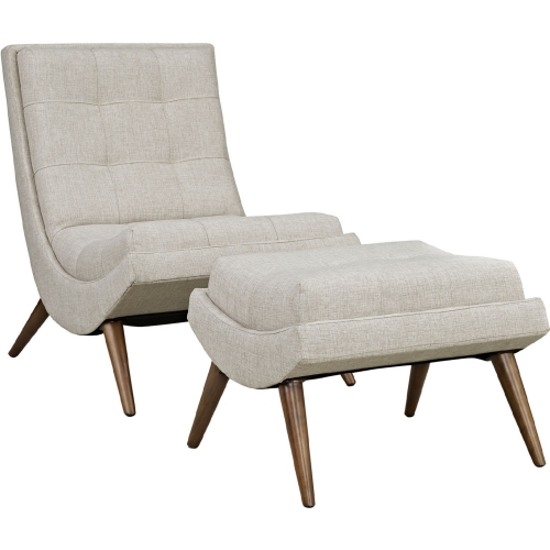 Ramp Fabric Lounge Chair & Ottoman in Sand Fabric on Cherry Beech Wood Legs