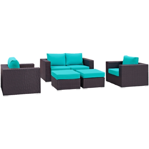 Convene 5 Piece Outdoor Patio Sofa Set in Espresso w/ Turquoise Cushions