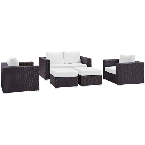 Convene 5 Piece Outdoor Patio Sofa Set in Espresso w/ White Cushions