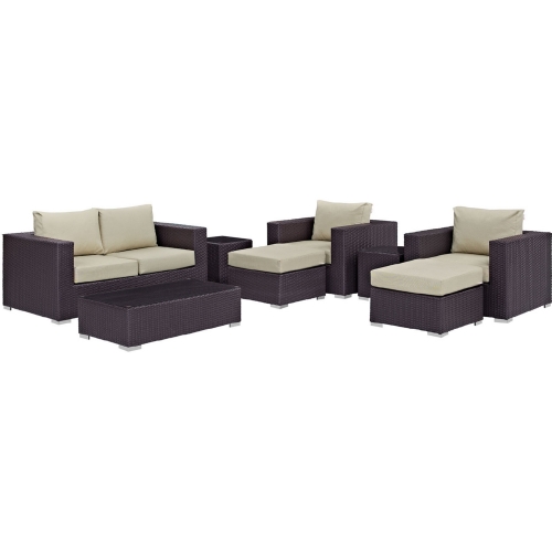 Convene 8 Piece Outdoor Patio Sofa Set in Espresso w/ Beige Cushions