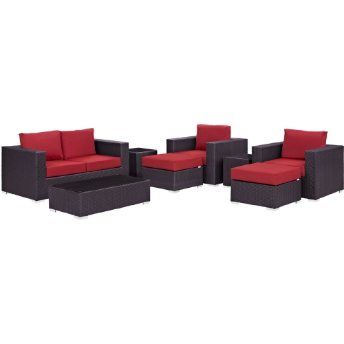 Convene 8 Piece Outdoor Patio Sofa Set in Espresso w/ Red Cushions