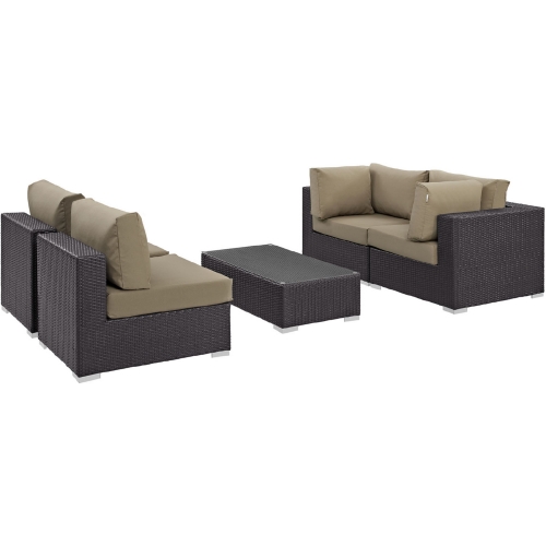 Convene 5 Piece Outdoor Patio Sectional Set in Espresso w/ Mocha Cushions