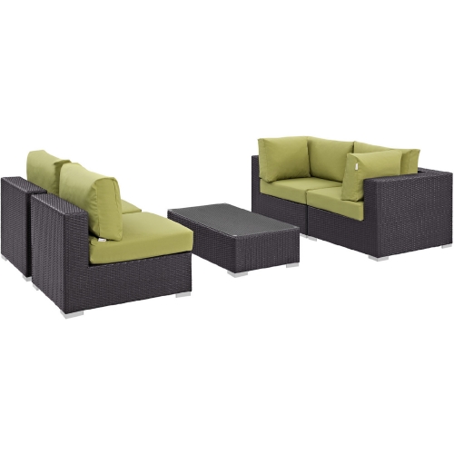 Convene 5 Piece Outdoor Patio Sectional Set in Espresso w/ Peridot Cushions