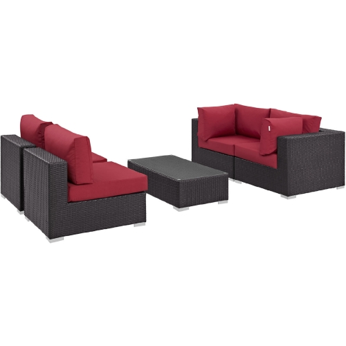 Convene 5 Piece Outdoor Patio Sectional Set in Espresso w/ Red Cushions