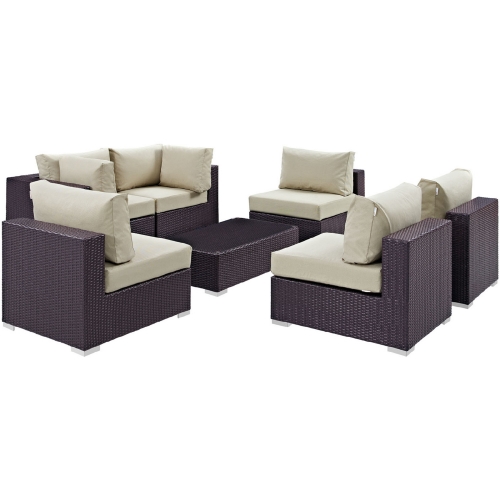 Convene 7 Piece Outdoor Patio Sectional Set in Espresso w/ Beige Cushions