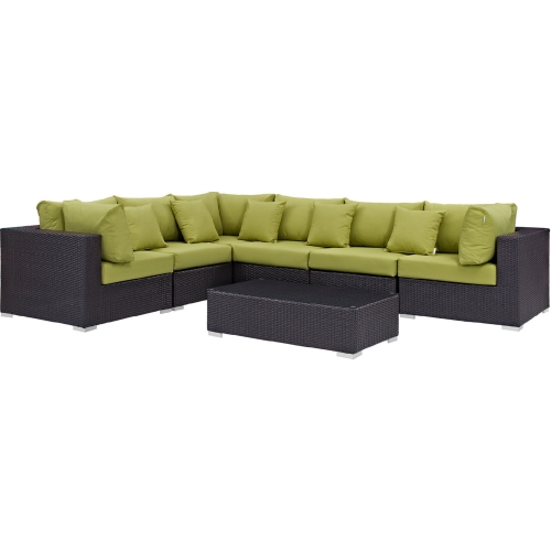 Convene 7 Piece Outdoor Patio Sectional Set in Espresso w/ Peridot Cushions