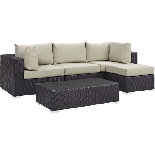 Convene 5 Piece Outdoor Patio Sectional Set in Espresso w/ Beige Cushions