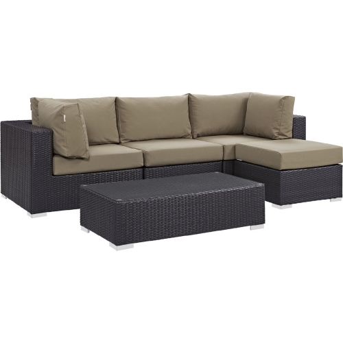 Convene 5 Piece Outdoor Patio Sectional Set in Espresso w/ Mocha Cushions