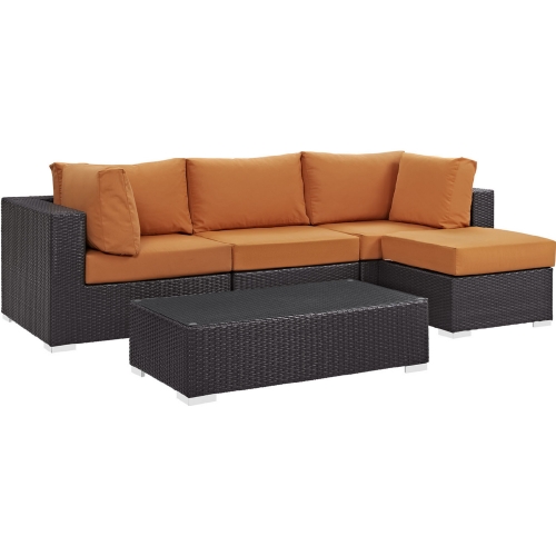 Convene 5 Piece Outdoor Patio Sectional Set in Espresso w/ Orange Cushions