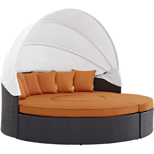 Convene Canopy Outdoor Patio Daybed in Espresso w/ Orange Cushions