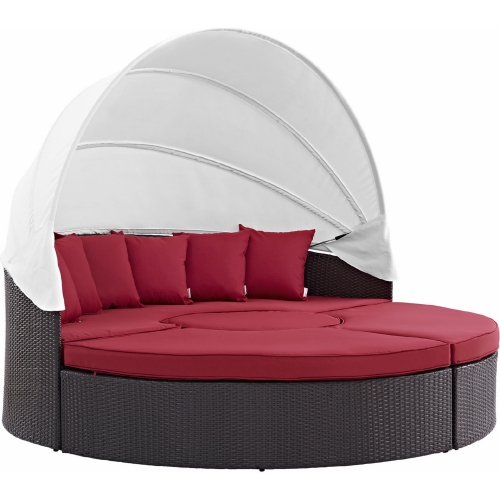 Convene Canopy Outdoor Patio Daybed in Espresso w/ Red Cushions