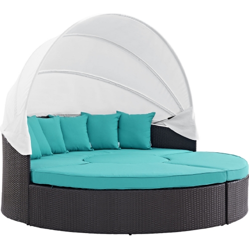 Convene Canopy Outdoor Patio Daybed in Espresso w/ Turquoise Cushions