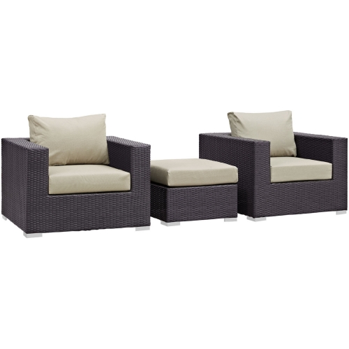 Convene 3 Piece Outdoor Patio Armchair Set in Espresso w/ Beige Cushions