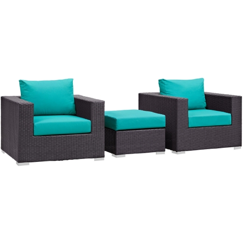 Convene 3 Piece Outdoor Patio Armchair Set in Espresso w/ Turquoise Cushions