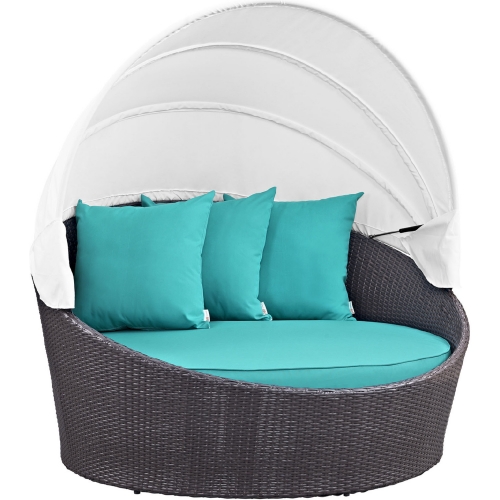 Convene Canopy Outdoor Patio Daybed in Espresso w/ Turquoise Cushions