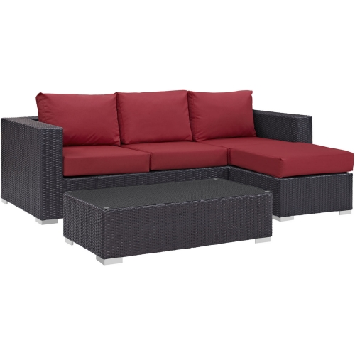 Convene 3 Piece Outdoor Patio Sofa Set in Espresso w/ Red Cushions