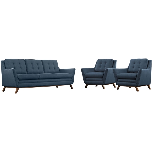 Beguile Sofa & 2 Armchair Set in Tufted Azure Fabric on Walnut Finish Legs