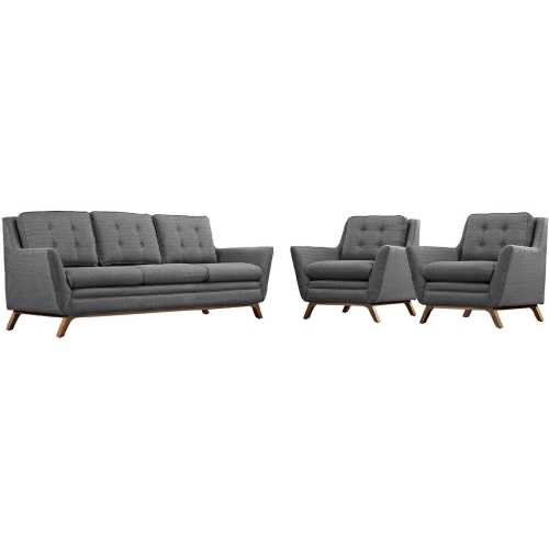 Beguile Sofa & 2 Armchair Set in Tufted Gray Fabric on Walnut Finish Legs