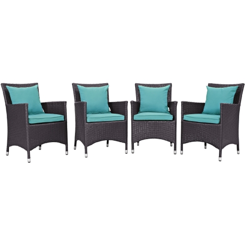 Convene 4 Outdoor Patio Dining Armchair Set in Espresso w/ Turquoise Cushions