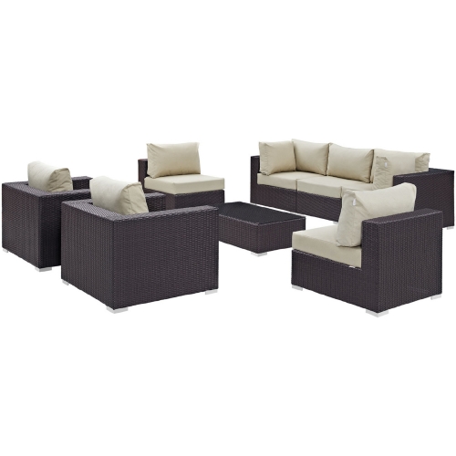 Convene 8 Piece Outdoor Patio Sectional Set in Espresso w/ Beige Cushions