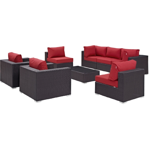 Convene 8 Piece Outdoor Patio Sectional Set in Espresso w/ Red Cushions