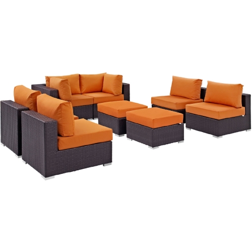 Convene 8 Piece Outdoor Patio Sectional Set in Espresso w/ Orange Cushions