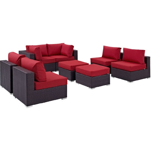 Convene 8 Piece Outdoor Patio Sectional Set in Espresso w/ Red Cushions