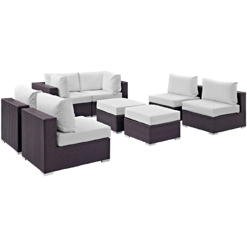 Convene 8 Piece Outdoor Patio Sectional Set in Espresso w/ White Cushions