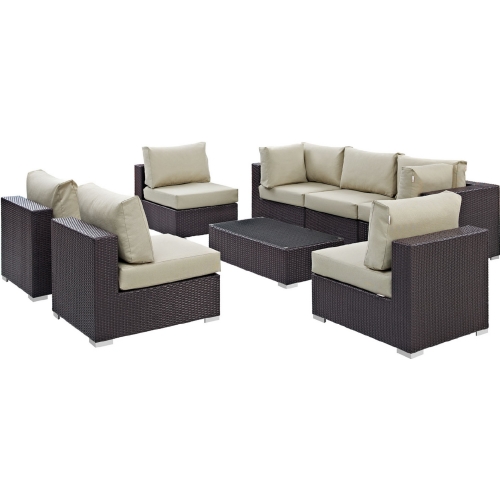 Convene 8 Piece Outdoor Patio Sectional Set in Espresso w/ Beige Cushions