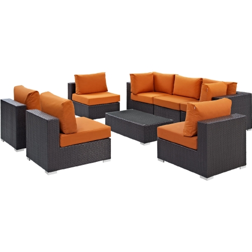 Convene 8 Piece Outdoor Patio Sectional Set in Espresso w/ Orange Cushions