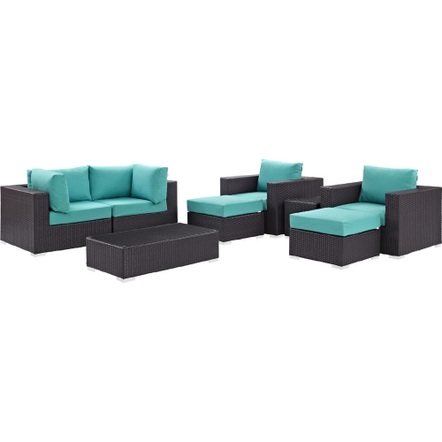 Convene 8 Piece Outdoor Patio Sectional Set in Espresso w/ Turquoise Cushions