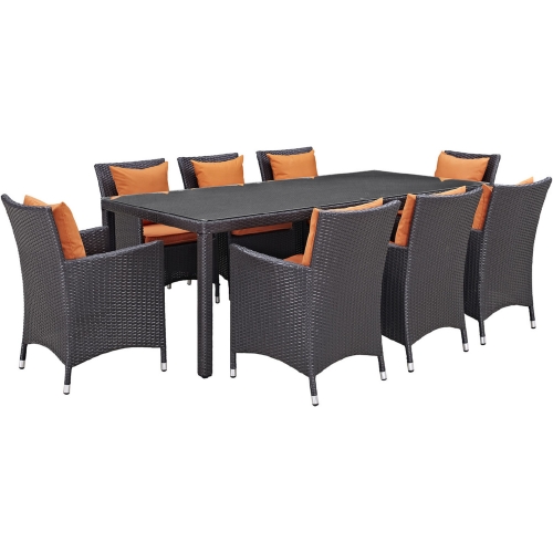 Convene 9 Piece Outdoor Patio Dining Set in Espresso w/ Orange Cushions