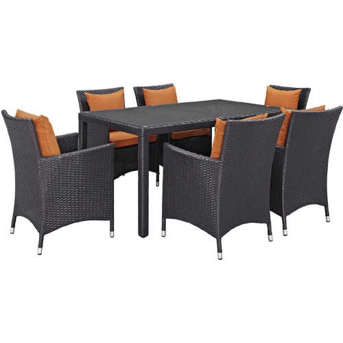 Convene 7 Piece Outdoor Patio Dining Set in Espresso w/ Orange Cushions