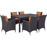 Convene 7 Piece Outdoor Patio Dining Set in Espresso w/ Orange Cushions