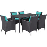 Convene 7 Piece Outdoor Patio Dining Set in Espresso w/ Turquoise Cushions