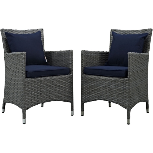 Sojourn Outdoor Patio Dining Armchair in Poly Rattan w/ Navy Sunbrella &reg Cushions (Set of 2)