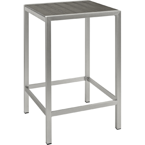 Shore Outdoor Patio Aluminum Square Bar Table in Brushed Silver w/ Gray Slats