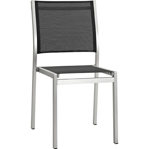 Shore Outdoor Patio Aluminum Side Dining Chair in Brushed Silver w/ Black Mesh Sling