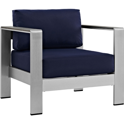 Shore Outdoor Patio Aluminum Armchair in Silver w/ Navy Cushions