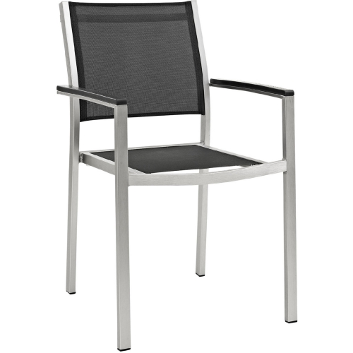 Shore Outdoor Patio Aluminum Dining Chair in Brushed Silver w/ Black Mesh Sling