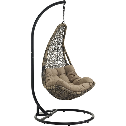 Abate Outdoor Patio Swing Chair in Black Steel & Black/Brown Poly Rattan w/ Mocha Fabric Cushion