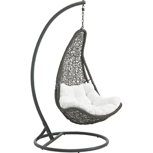 Abate Outdoor Patio Swing Chair in Gray Steel & Poly Rattan w/ White Fabric Cushion