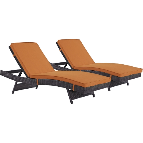 Convene Outdoor Patio Chaise in Espresso Poly Rattan w/ Orange Cushions (Set of 2)