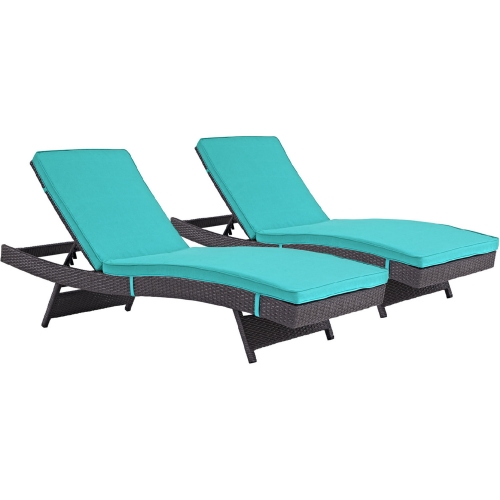 Convene Outdoor Patio Chaise in Espresso Poly Rattan w/ Turquoise Cushions (Set of 2)