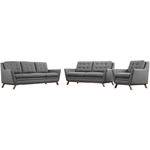 Beguile 3 Piece Living Room Set in Tufted Gray Fabric