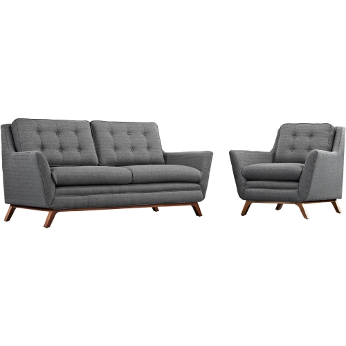 Beguile Loveseat & Armchair Living Room Set in Tufted Gray Fabric